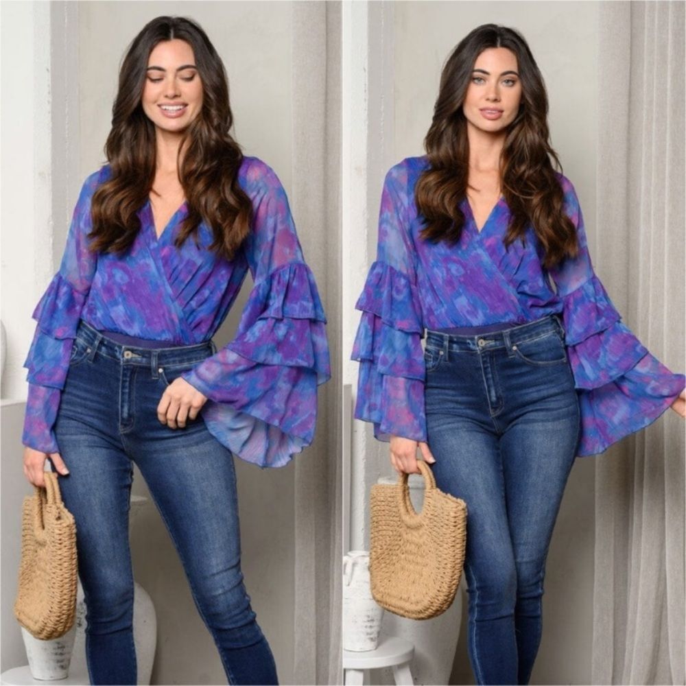 Watercolor Ruffle Sleeve Body Suit